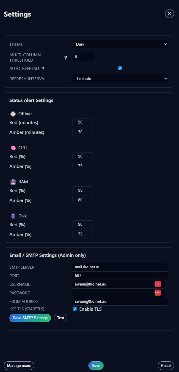 The settings page